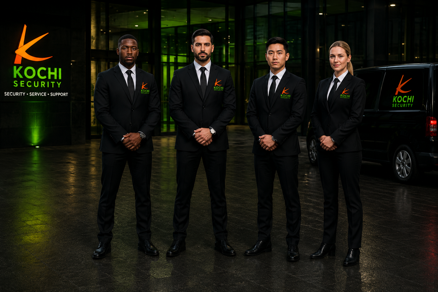 Diverse professionele beveiligingsmedewerkers van Kochi Security